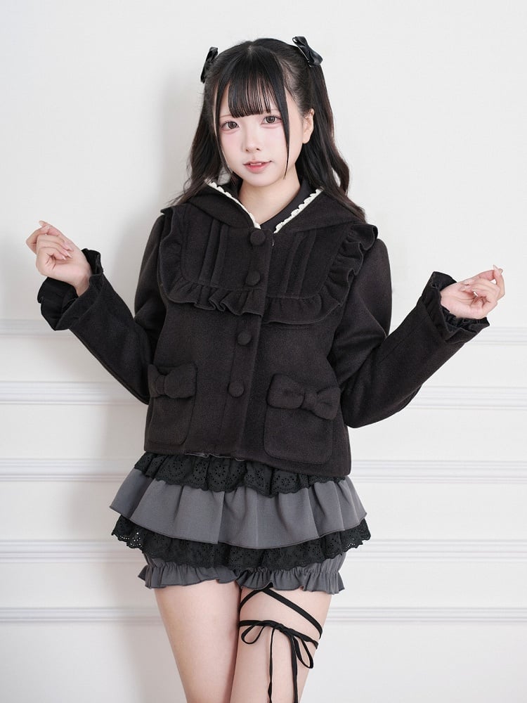 Black Jirai-Kei Wool-Blend Short Hooded Jacket, Ruffled Detail - No Genki