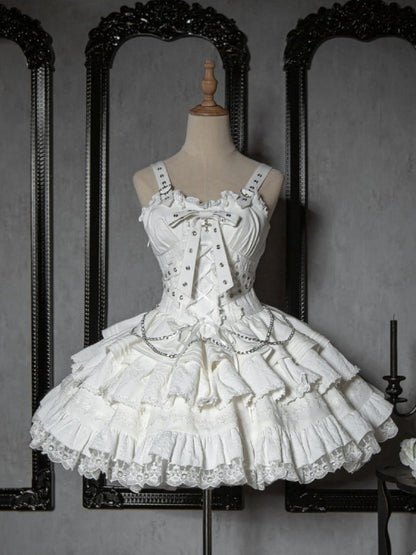 ホワイトゴスショートジャンパースカート 調節可能なクロスストラップウエスト