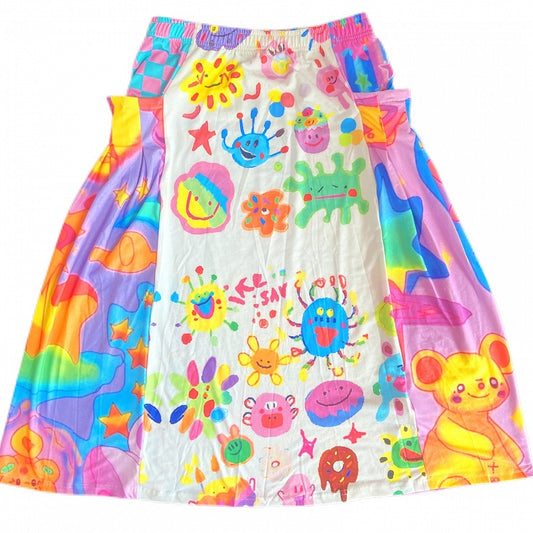 Colorful Y2K Cartoon Print A Line Elastic Waist Skirt - Leerroo