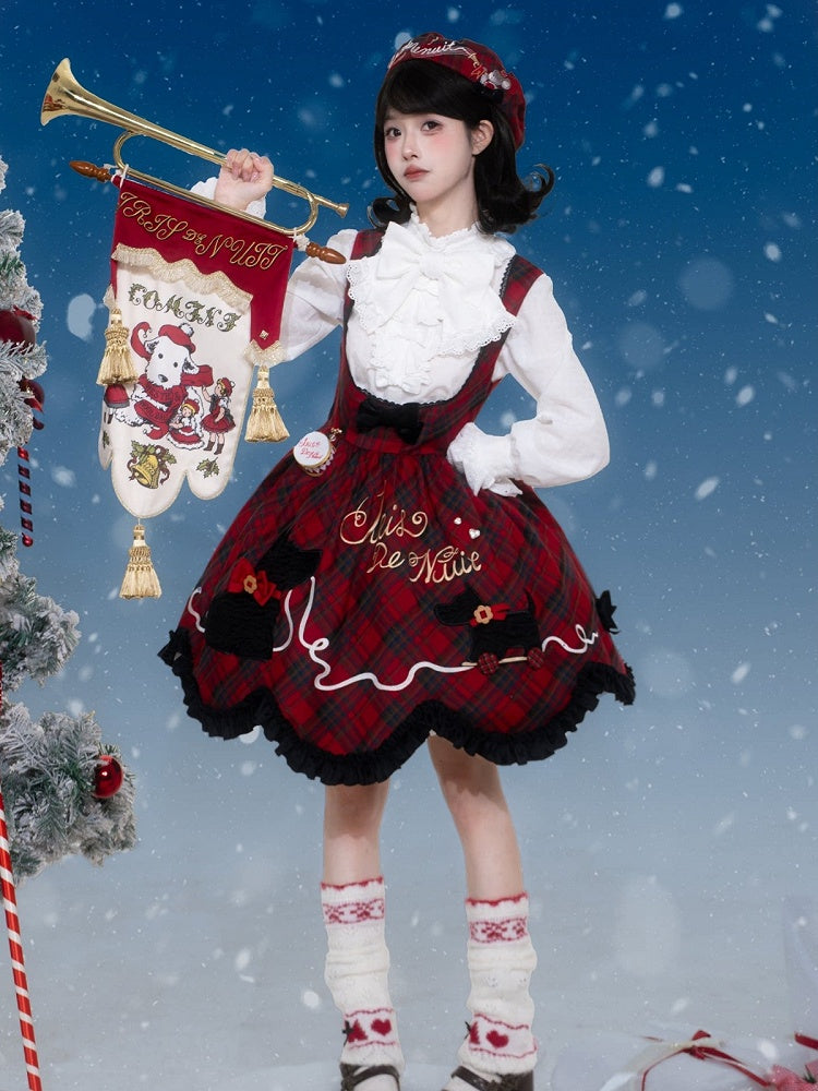 Winter Jumper Skirt in Red Plaid with Cute Puppy Patchwork - iris de nuit