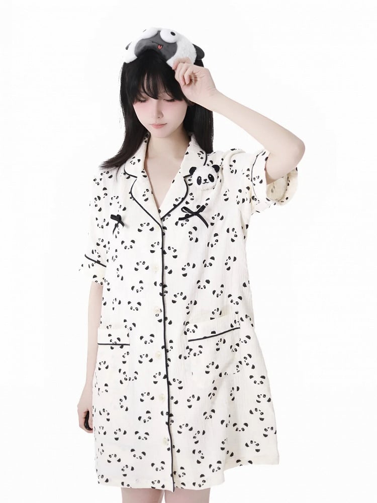 Allover Panda Print Plüsch Beige Shirt Kleid Pyjama Panda gewellter Rand Kragen