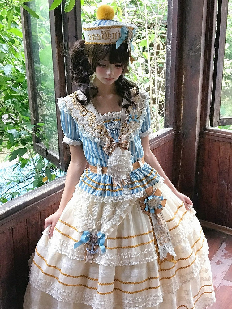 Sailor Bear Embroidered Striped Top with Lace Trim - Twin Bear Original Design