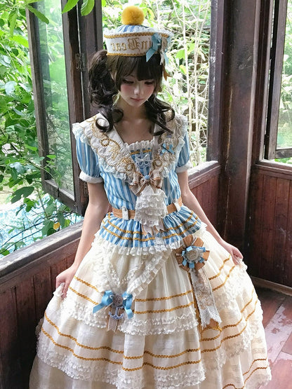 Sailor Bear Embroidered Striped Top with Lace Trim - Twin Bear Original Design