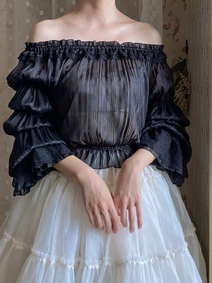 Neckline Sleeves Lolita Elegant Marie Off-the-shoulder Stripe Blouse Black