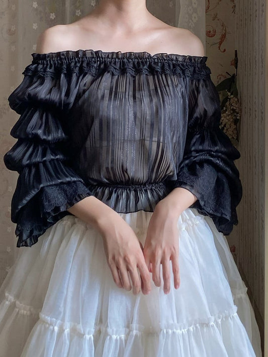 Neckline Sleeves Lolita Elegant Marie Off-the-shoulder Stripe Blouse Black