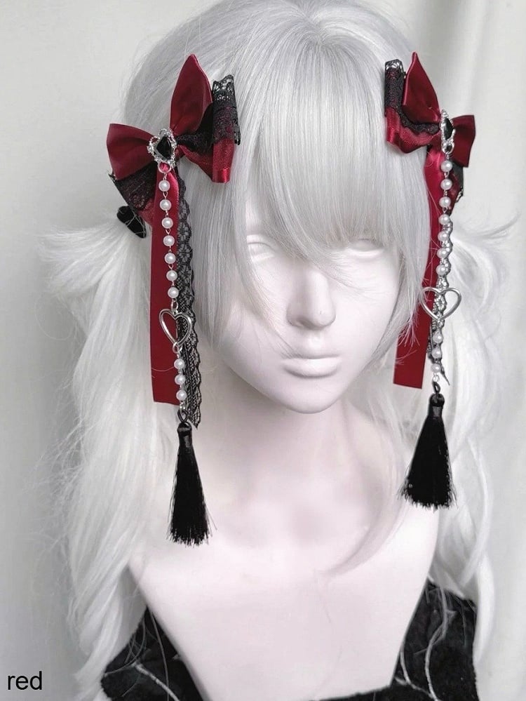 Bow Lace Hair Clip with Heart and Bead Charms - fallen angel