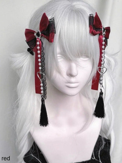 Bow Lace Hair Clip with Heart and Bead Charms - fallen angel