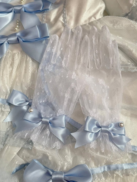 Lace Decorated WhiteBlue Bowknot Design Beaded Gloves