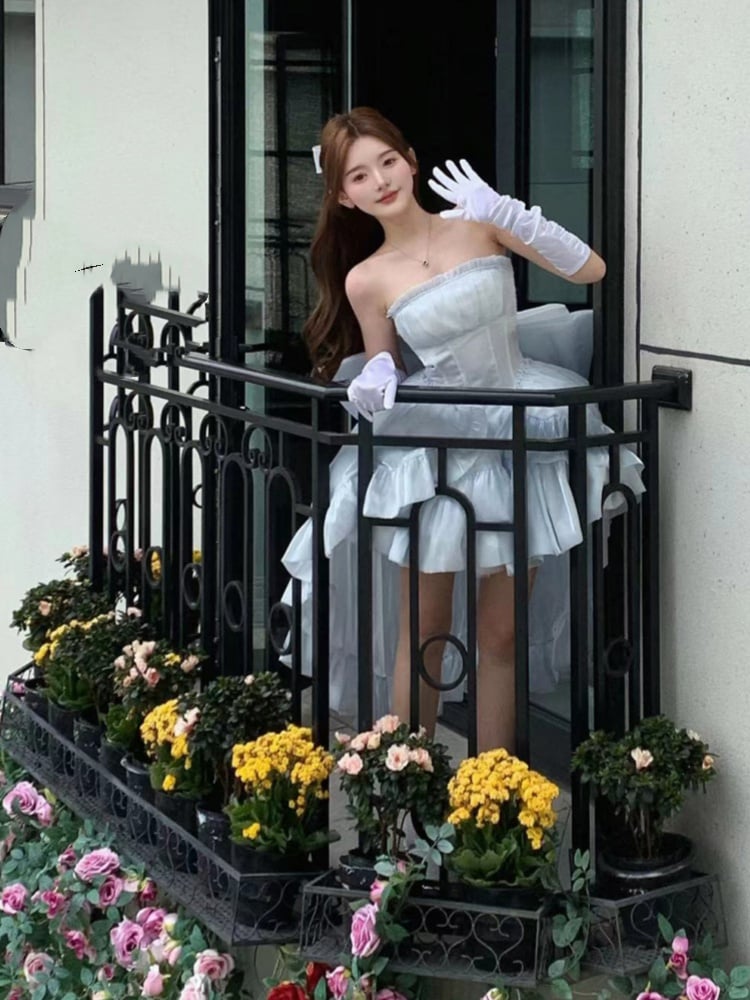 Balletcore Strapless Princess Puff Dress Sleeves Blue