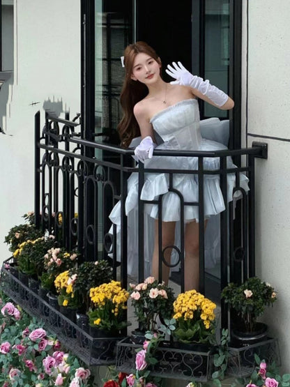 Balletcore Strapless Princess Puff Dress Sleeves Blue