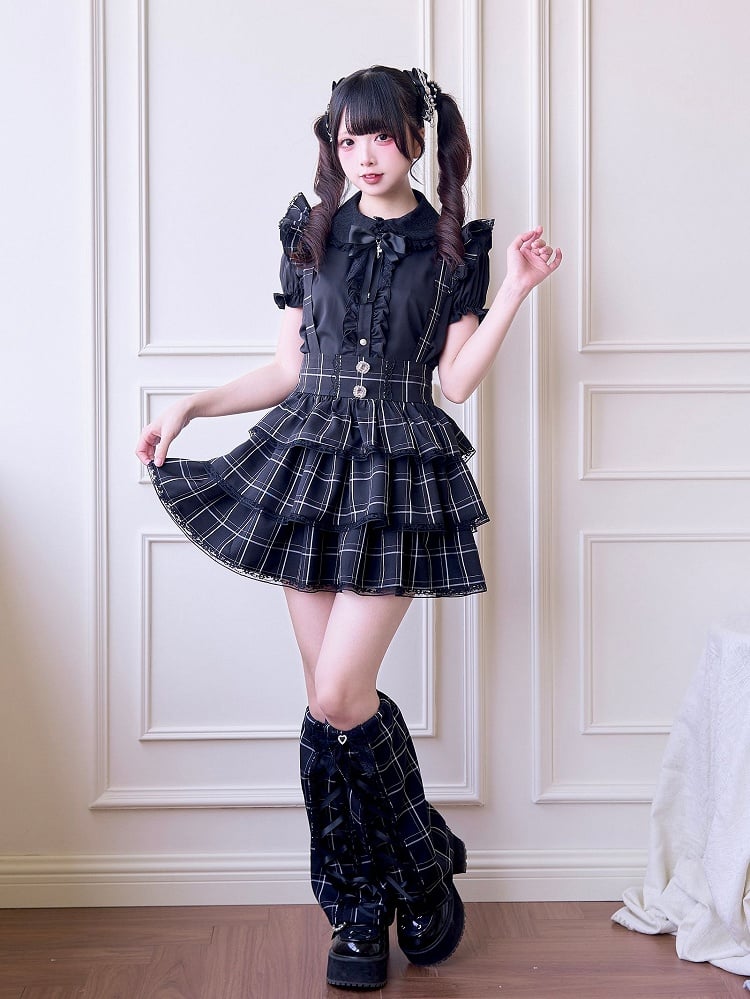 Black White Plaid Overalls with Detachable Straps - No Genki