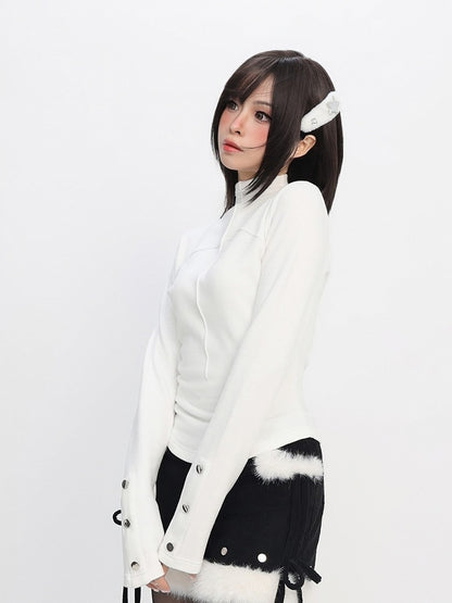 Neck Daily Sleeve Kawaii Studded with White Mock Long Design Top Accents