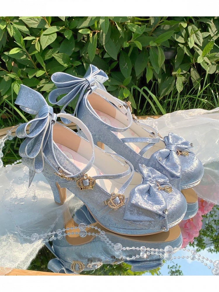 3 Colors Satin Lolita Shoes with Crown Buckle and Bowknot - 8.5cm High Heels - Aimee