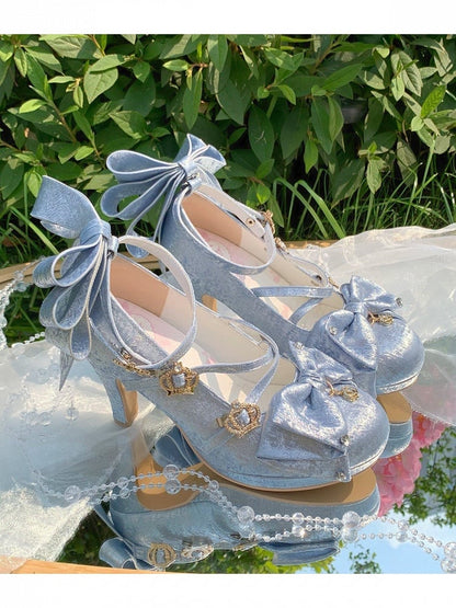 3 Colors Satin Lolita Shoes with Crown Buckle and Bowknot - 8.5cm High Heels - Aimee