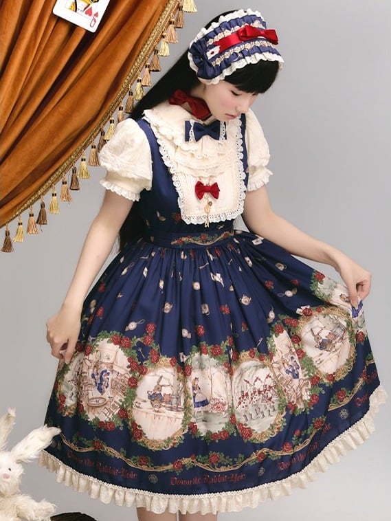 Wonderland Alice Floral Print Dark Blue Lolita OP Puff Sleeves - Stars Fall on the Foggy Island