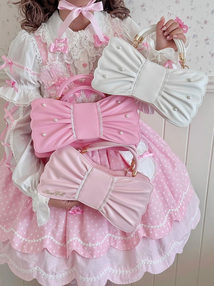 Sweet Lolita Bowknot Bag with Pearls & Lace - Sheep Puff Bag