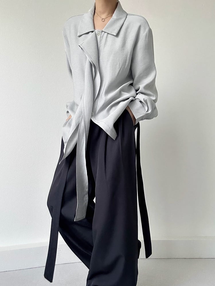 Retro Light Ouji Long with Shirt Cuff Lolita Pointed Ribbon Draping Button Blue Collar