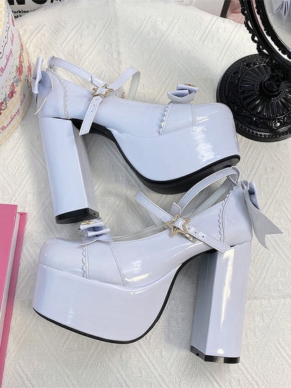 PU Top 12cm with Bow at Details Elegant Mary - in Janes Star Blue Heel Lolita Light