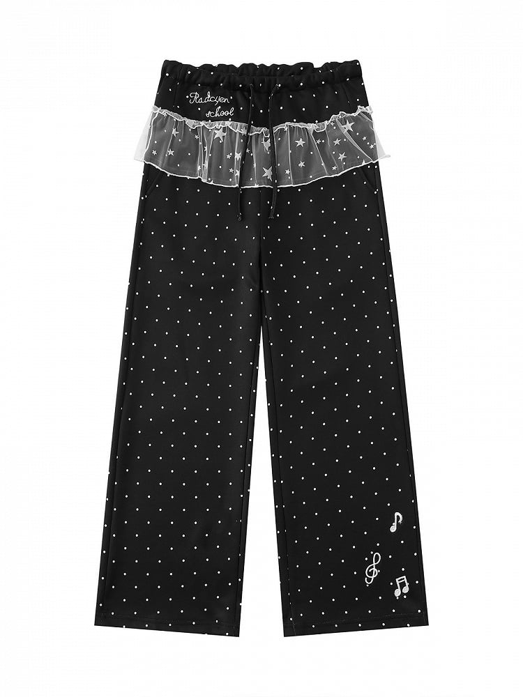 Casual Black Polka Dot Straight Pants with Star Tulle - Languid Park
