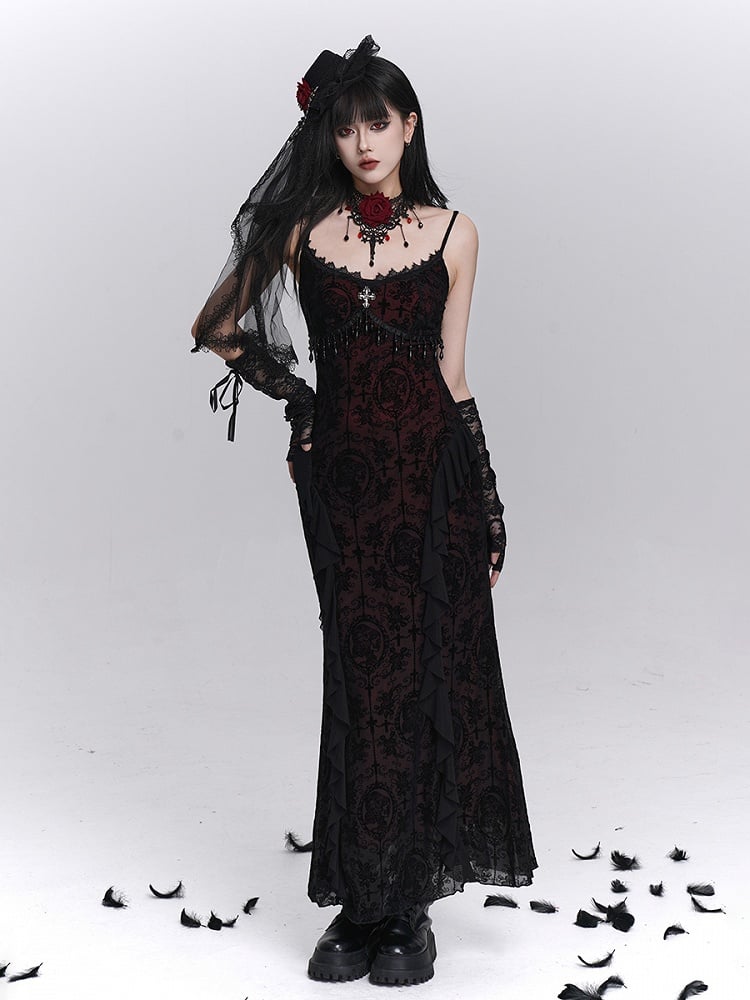 Dress Cross Halloween Slip Black with Fringe Embroidery Mermaid Detail Gothic
