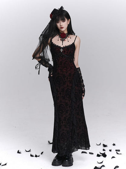 Dress Cross Halloween Slip Black with Fringe Embroidery Mermaid Detail Gothic