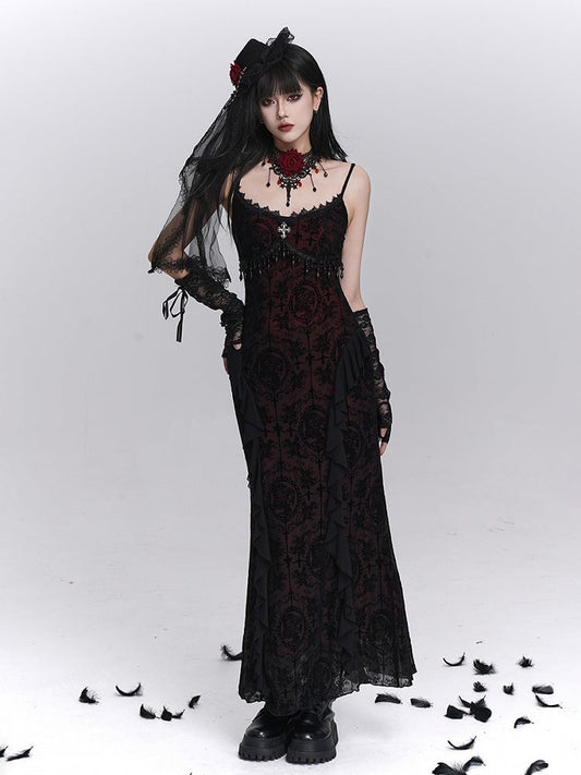 Dress Cross Halloween Slip Black with Fringe Embroidery Mermaid Detail Gothic
