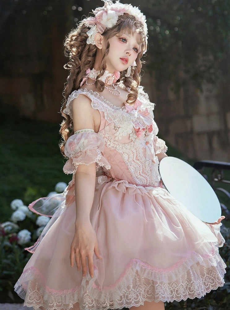 Lace-Trimmed Lolita Bow Lace Corset Pink Top + Decorated Skirt Jacquard Sweet and