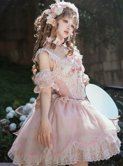 Lace-Trimmed Lolita Bow Lace Corset Pink Top + Decorated Skirt Jacquard Sweet and