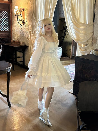 with Floral White Basque Waist Dress and Trim Lace Decoration Plus Neckline Size