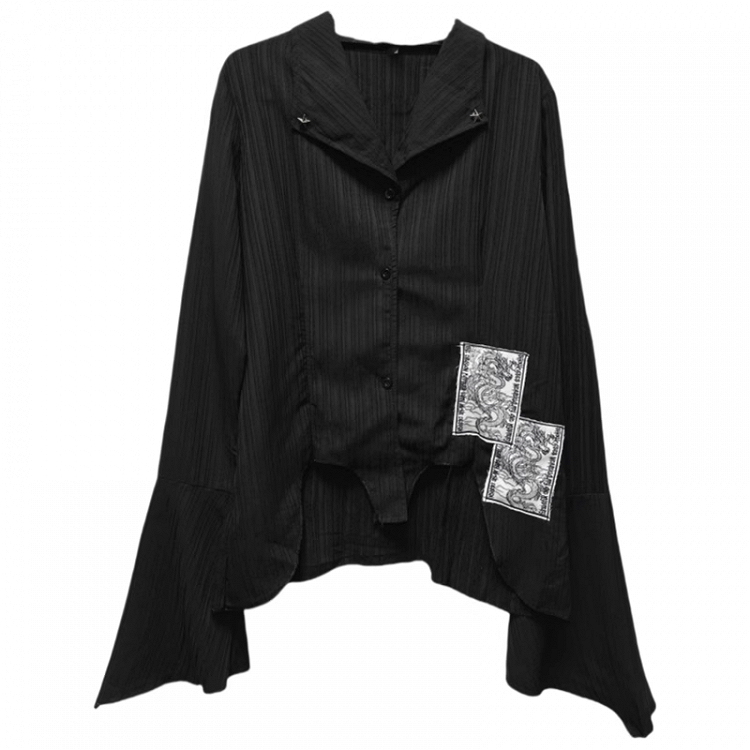 Black Notched Collar Bell Sleeves Punk Asymmetrical Shirt Appliques