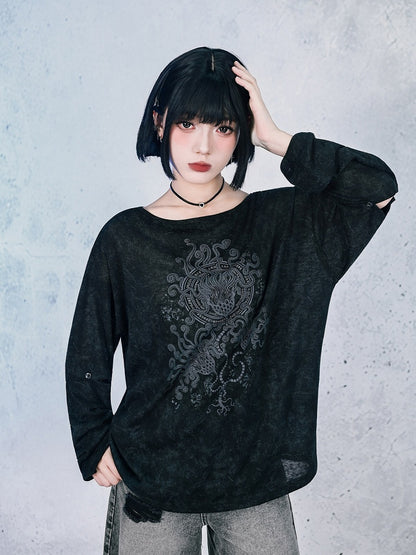 Black Detachable Sleeve UV Tee with Sea Lily Print - Quirky Hut