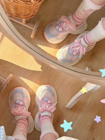 Sneakers Lolita Pink Pattern Plaid Sweet - Lace-Up Blue Closure