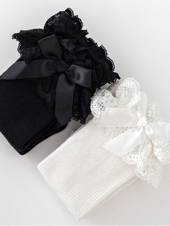 Calf Lolita Lace Details Cuff Black/White Socks Bowknot
