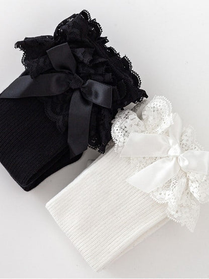Calf Lolita Lace Details Cuff Black/White Socks Bowknot