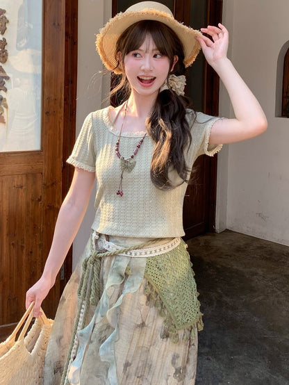 Light Green Mori Neck Lace Kei Round Neck Trim T-Shirt Halter