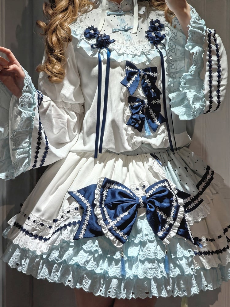 and White Banded Lolita Han Accents Blue Flower Collar Bow Dress with Puff Sleeves