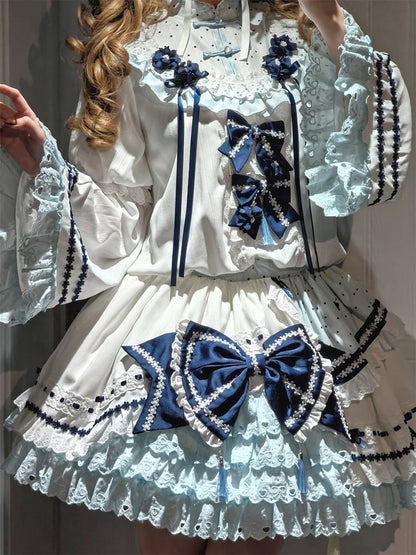 and White Banded Lolita Han Accents Blue Flower Collar Bow Dress with Puff Sleeves