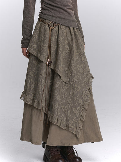 Lace Tiered Elastic Floral Waist Skirt Handkerchief Coffee Hem with