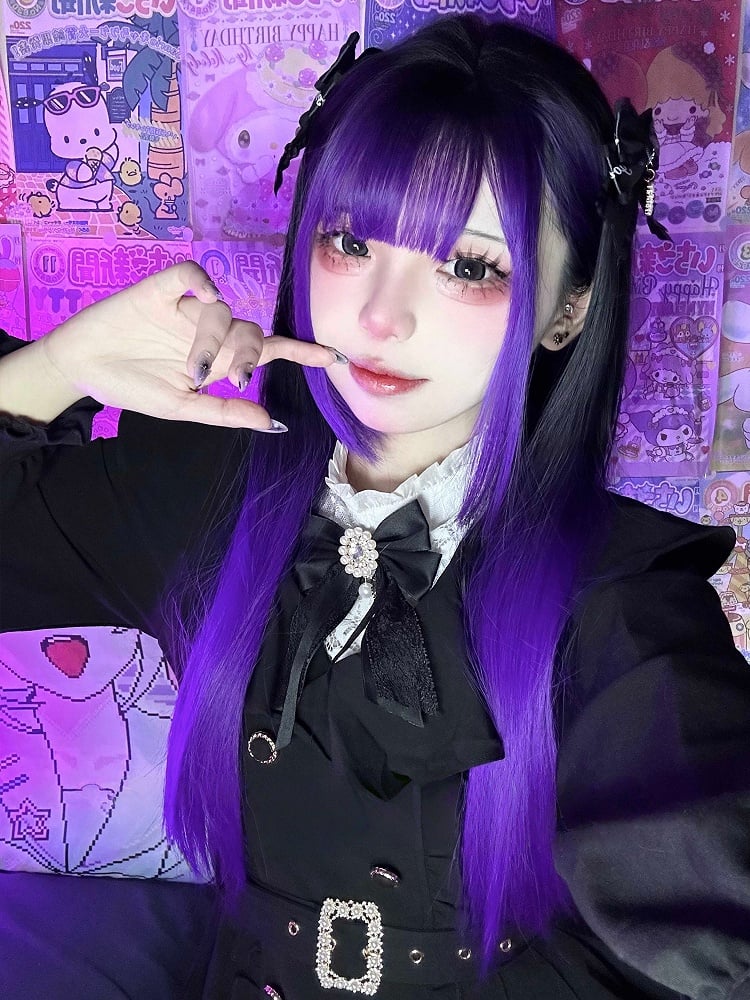 Black Bangs Purple Wig with Straight 68CM Ombre Long