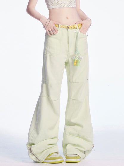 パンツ ライトグリーン ローウエスト ジップカフス ワイドレッグ カーゴ
