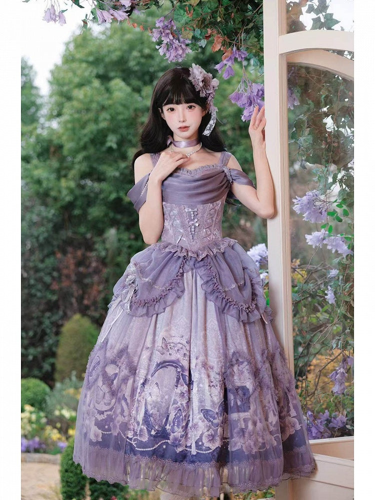 Skirt Elegant Purple and Classic Butterfly Top Waist Corset + Floral Boned Set Lolita Print