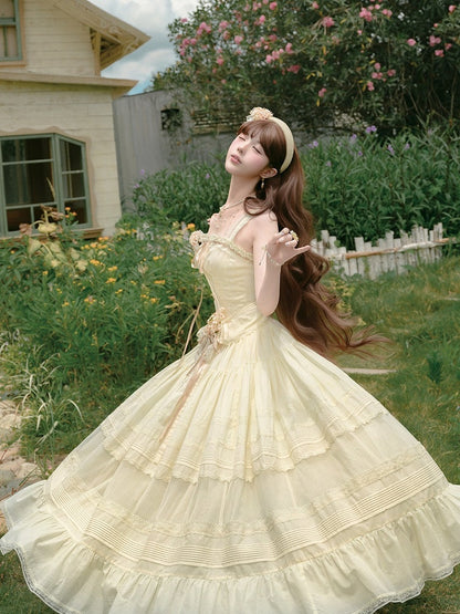 Yellow Sweet Button Top with Lace Skirt Set - Penny House