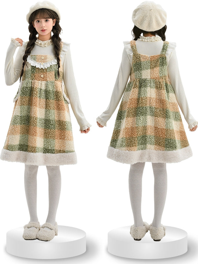 Green Floral Button Details Lace Trim Plaid Fleece Overall Dress with Pockets