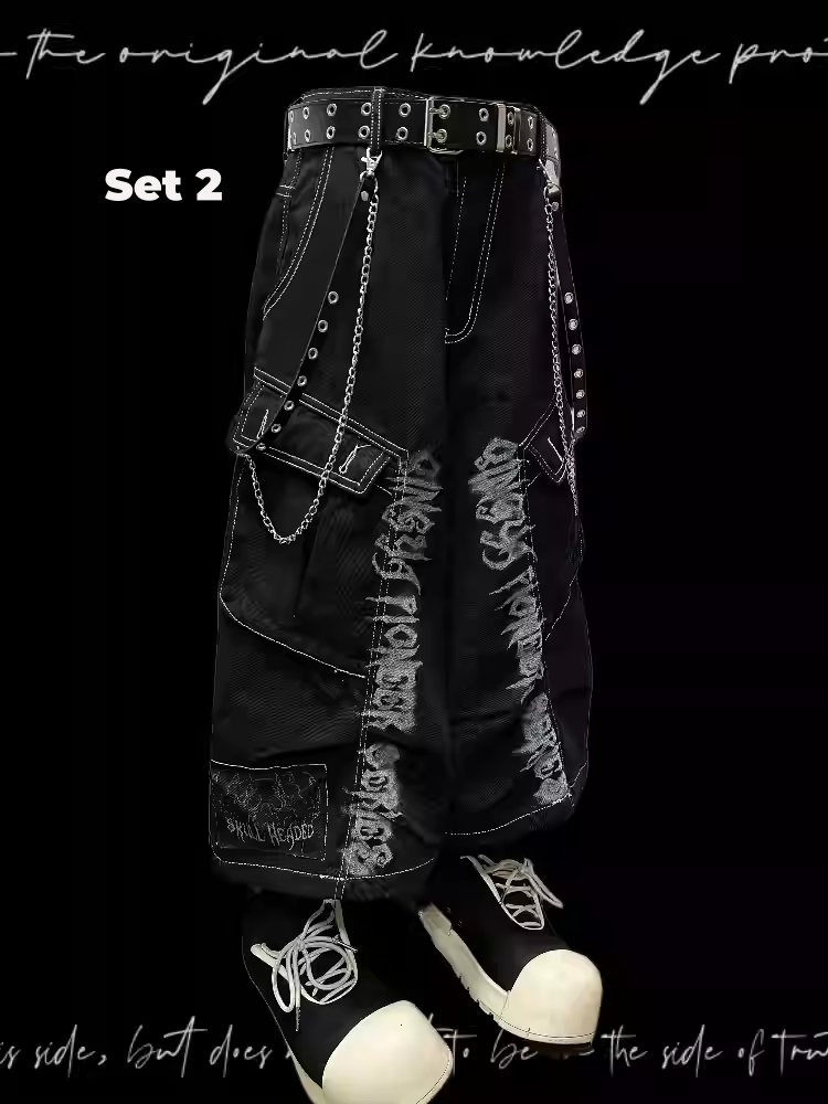 Jeans Schwarz Punk Print Vintage Weites Bein Cargo