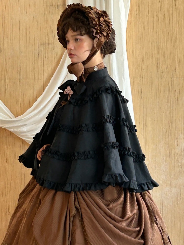 Black Collar Cape Banded Ruffled Lolita with Trims