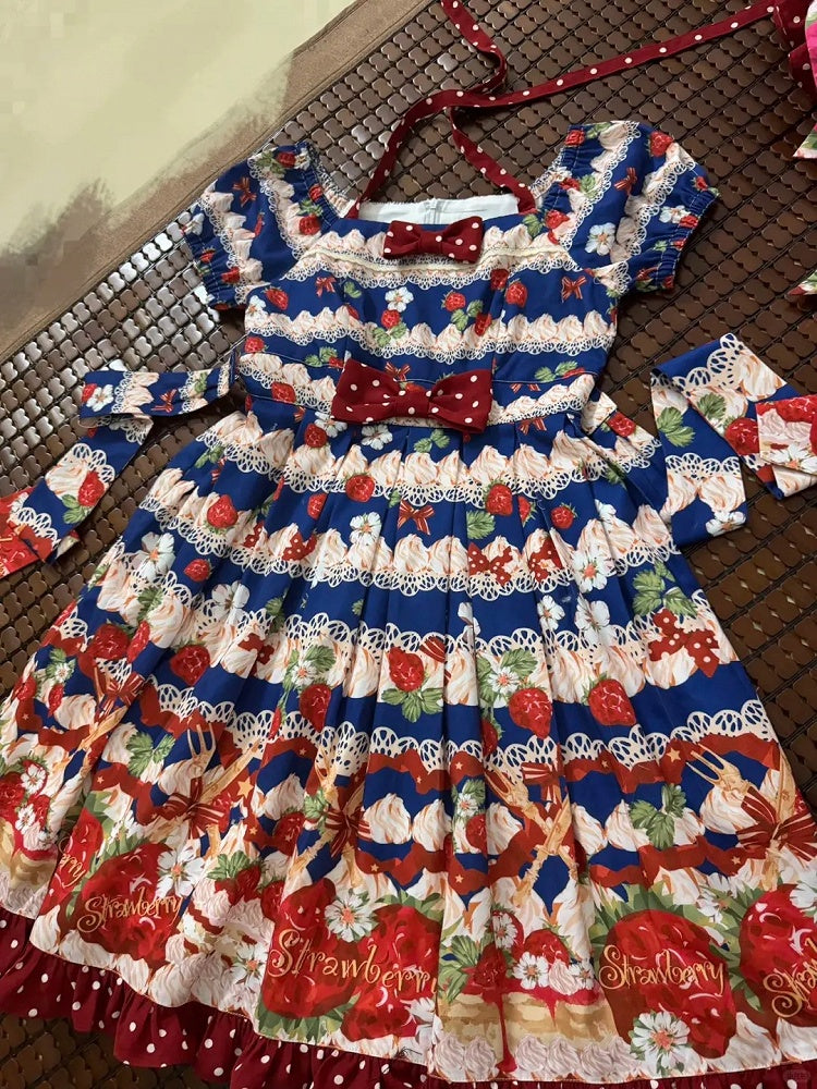 Blue Strawberry High Waist Sweet Lolita Dress
