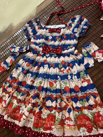 Blue Strawberry High Waist Sweet Lolita Dress