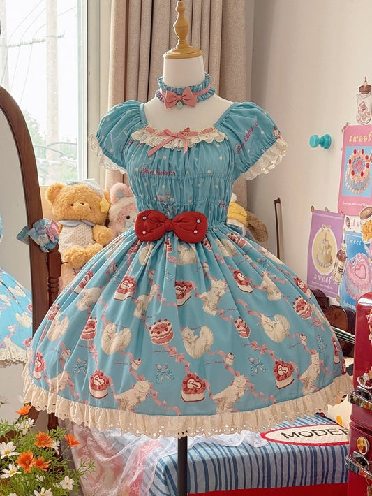 伸縮性のあるプリントのキティのスモックブルーのリボンのボディスロリータとピーススイートワン