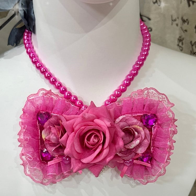Rhinestone Pink Trim Decorated Necklace Lace Beaded Pendant Bowknot Light/Dark