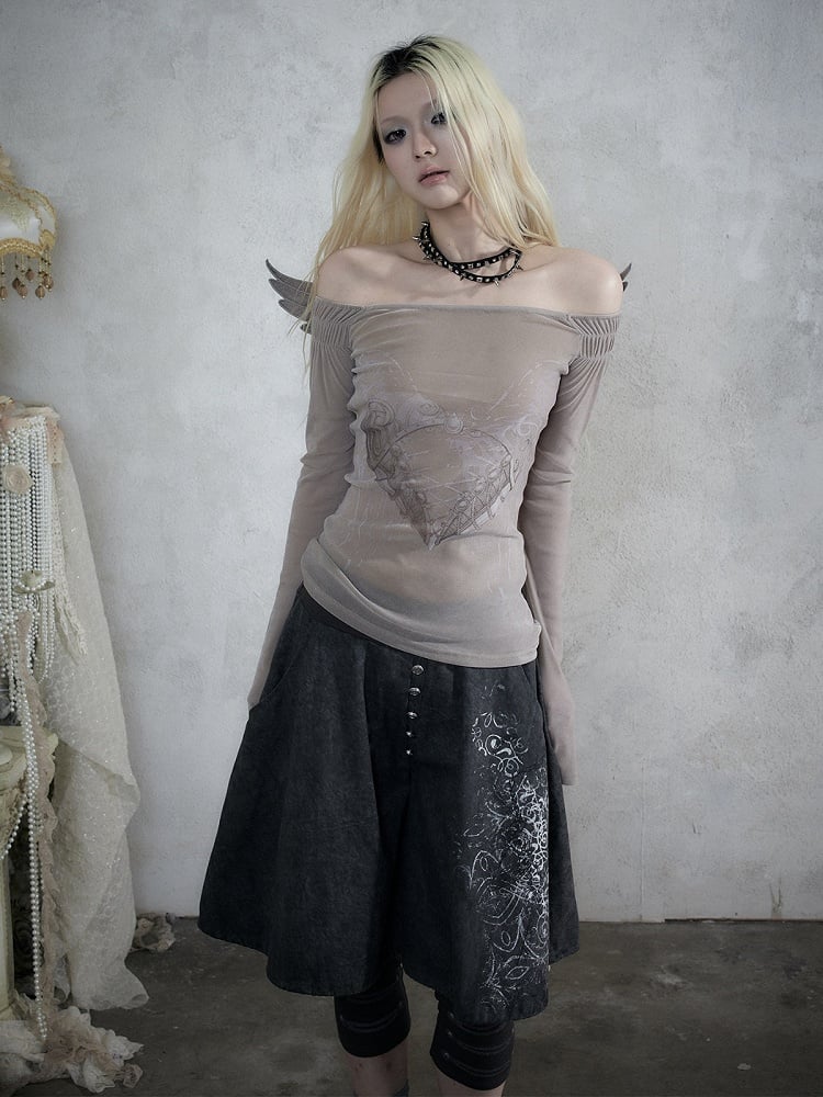Grey Heart Print Off-Shoulder Long Sleeve Flocked Knit Top with Back Cutout & Wing Decoration - NO ROMANCE
